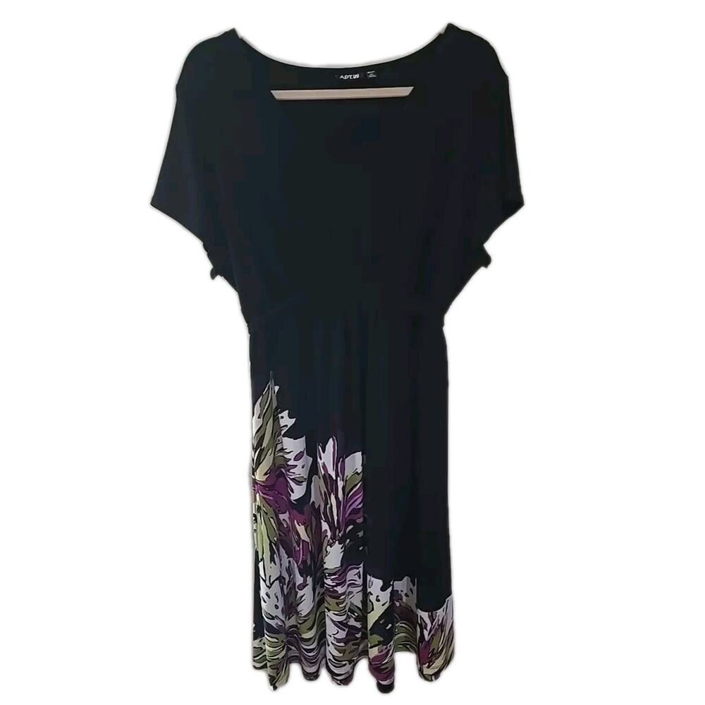 Apt. 9 Black Floral V-Neck Short‎ Sleeve Summer Casual Midi Dress Womans Size 2X